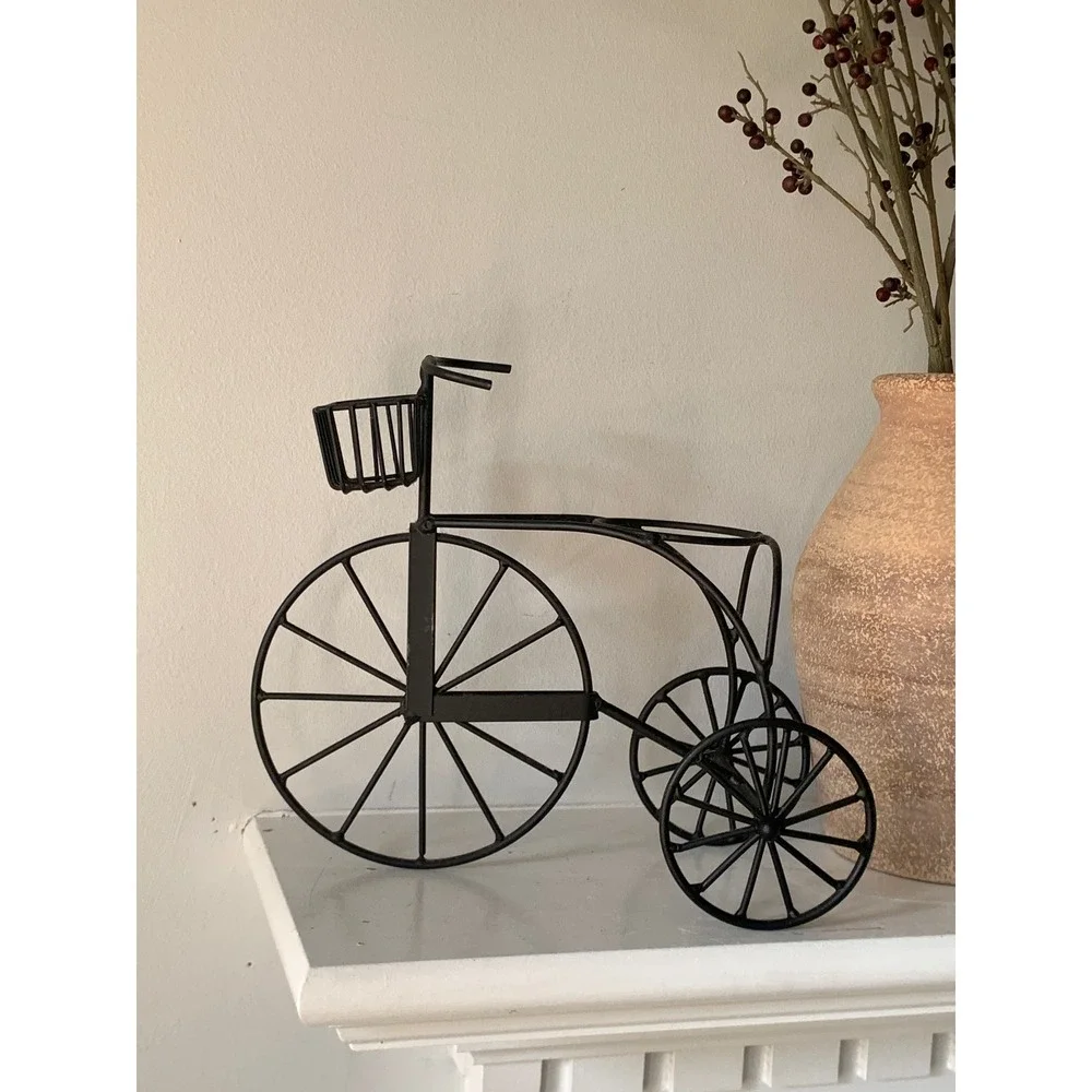 Vintage Black Metal Tricycle‎ Plant Stand Decorative Bicycle Planter Basket